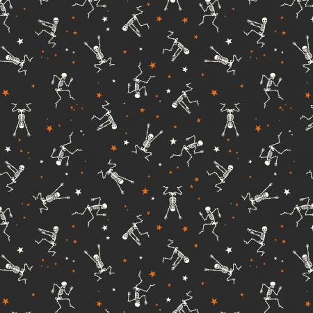 Features little dancing skeletons with orange and white stars on a black background. This is such a cute Halloween fabric! From the Bad to the Bone Collection by My Mind's Eye for Riley Blake Designs. 100% Cotton, 44/45" wide.