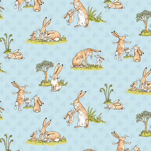 Guess How Much I Love You, Storybook fabric in pink and blue. This precious fabric is covered in bunnies from the famous book. Beautiful light blue and light pink, with a very soft hand. 100% Cotton, 44/5"