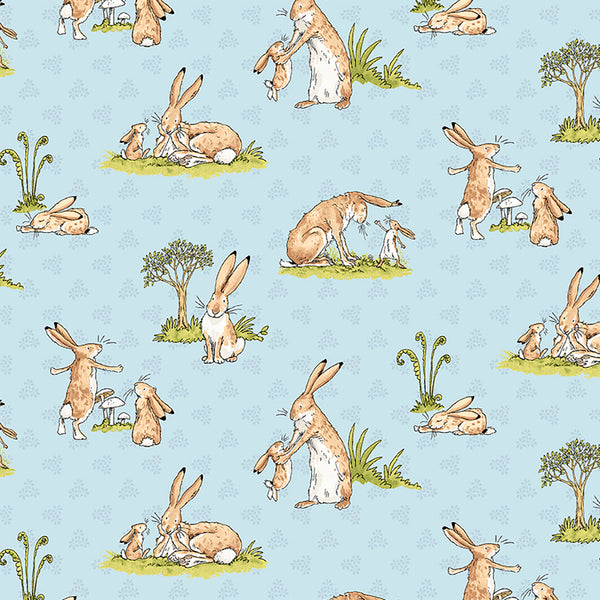 Guess How Much I Love You, Storybook fabric in pink and blue. This precious fabric is covered in bunnies from the famous book. Beautiful light blue and light pink, with a very soft hand. 100% Cotton, 44/5"