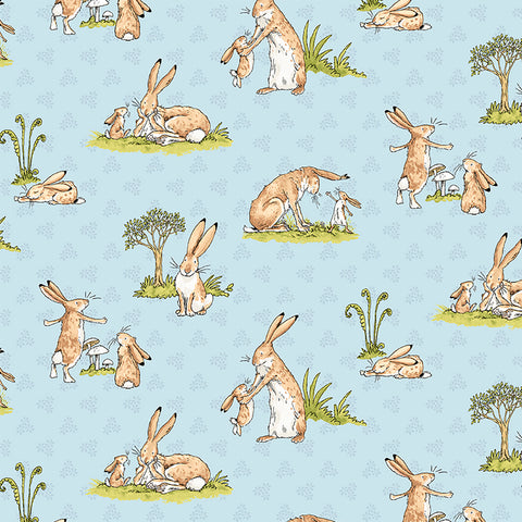 Guess How Much I Love You, Storybook fabric in pink and blue. This precious fabric is covered in bunnies from the famous book. Beautiful light blue and light pink, with a very soft hand. 100% Cotton, 44/5"