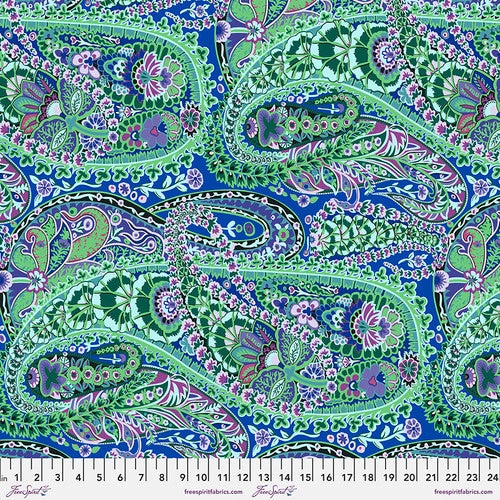 This paisley jungle is a perfect name for this wild fabric. Floral designs all inside big paisley shapes in greens, blues and purples with hints of white. This crazy fabric would make an awesome quilt backing!