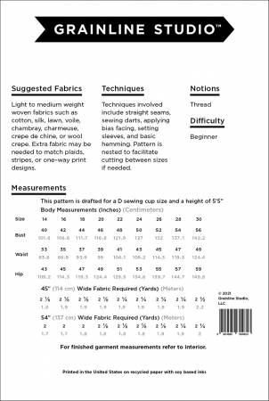 GrainLine Studio Scout Tee Pattern- A t-shirt pattern with capped sleeves and scoop neck, for woven fabrics. Fitted at the shoulders, this top falls into a loose shape below the bust. Techniques include sewing a straight seam, bias binding, setting sleeves and basic hemming. Beginner level pattern.