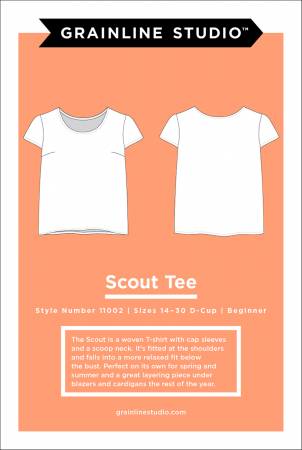 GrainLine Studio Scout Tee Pattern- A t-shirt pattern with capped sleeves and scoop neck, for woven fabrics. Fitted at the shoulders, this top falls into a loose shape below the bust. Techniques include sewing a straight seam, bias binding, setting sleeves and basic hemming. Beginner level pattern.