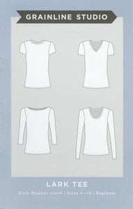 With a modern, slim fit ideal for layering, the Lark Tee is your closet's new best friend. It's great on its own or under your favorite button up, sweater, or blazer. All four sleeves are interchangeable with each of the necklines resulting in 16 potential different tees in one pattern! Techniques involved include sewing with knits, straight seams, and attaching binding. SUGGESTED FABRICS Light to medium weight jersey knits with a minimum of 20% stretch.