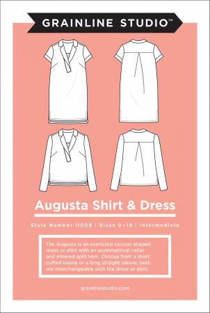 The Augusta is a cocoon shaped dress or shirt with an asymmetrical collar and mitered split hem. Choose from a short cuffed sleeve or a long straight sleeve; both are interchangeable with the dress or shirt.