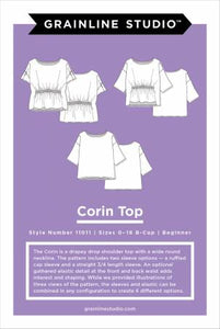 The Corin is a drapey drop shoulder top with a wide round neckline. The pattern includes two sleeve options