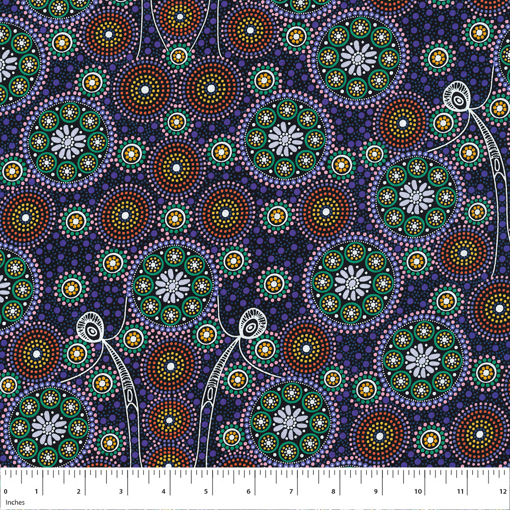 Dancing Spirit represents the sacred dance of ancient aboriginal ancestors since the time of creation. When dancing, these aboriginal spirits pay their respects to Mother Earth, expressing their love and admiration for the sacred land. M&S Textiles Australia is the largest manufacturer of Australian Aboriginal designs printed on good quality 100% cotton fabric. Aboriginal artworks are popular throughout the world and the only living ancient artworks.