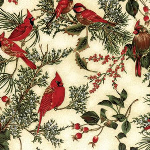 From Hoffman Fabrics Hoffman Holiday Classics & Blenders Collection Add an element of nature to your next holiday project. Beautiful fabric with gold accents. Female and male cardinals are included in this textile. 