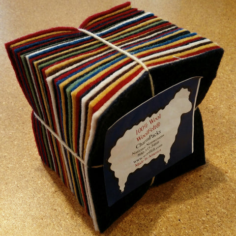 100% wool felt 5in x 5in squares. 36 piece package.