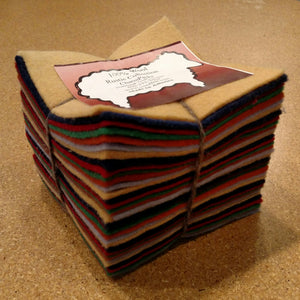 100% wool felt 5in x 5in squares. 36 piece package.