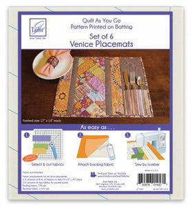 A June Tailor Quilt As You Go item. Package contains six placemat patterns printed on a cotton/poly quilt batting. Sew by number assembly while piecing and quilting all at once. Customer provides their own fabric. 