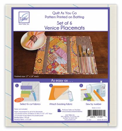 A June Tailor Quilt As You Go item. Package contains six placemat patterns printed on a cotton/poly quilt batting. Sew by number assembly while piecing and quilting all at once. Customer provides their own fabric. 