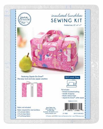 This stylish insulated lunchbox sews up quickly. With finished dimensions of 10 x 6 x 7 inches, this large bag can easily hold lunch for two. Kit includes insulated stabilizer printed with sewing pattern, Zippity-Do-Done™ pre-sewn zipper in Red, webbing for handles, plastic interior base for added bag stability and detailed instructions.