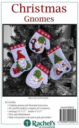 Christmas Gnomes Kit includes all woolfelt, floss, and templates needed to complete all 4 ornaments. Mittens measure approximately 4”x 4.5” and stockings measure approximately 4.5”x 5.5”. 