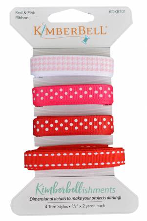 Use Kimberbell designer trims with your favorite Kimberbell projects! The “Red & Pink” ribbon card contains 4 Trim Styles: 3/8in x 2 yards each. Enjoy Kimberbellishments…dimensional details to make your projects darling!  Color: Red, Pink and White Size: 3/8in wide and 2yds long