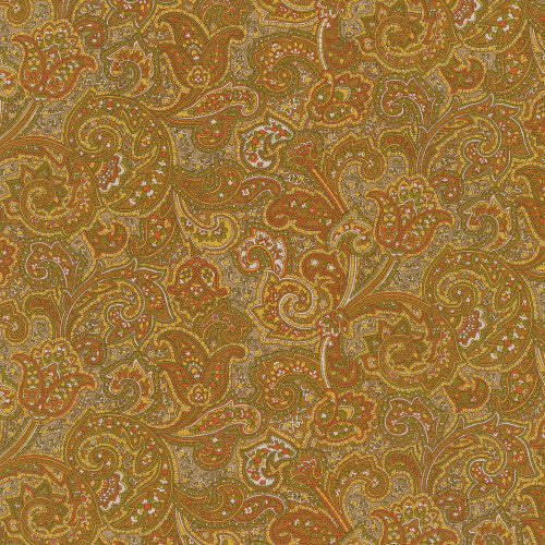 Sevenberry yellow, brown, green paisley print. This lovely print is bright and bold. Super soft cotton. perfect for shirting or quilting.   100% cotton, 44"