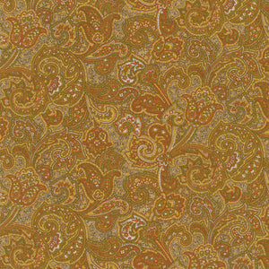 Sevenberry yellow, brown, green paisley print. This lovely print is bright and bold. Super soft cotton. perfect for shirting or quilting.   100% cotton, 44"