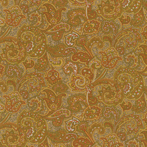 Sevenberry yellow, brown, green paisley print. This lovely print is bright and bold. Super soft cotton. perfect for shirting or quilting.   100% cotton, 44"