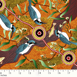 Aboriginal design by Nambooka.  Kingfisher bird is the laughing Kookaburra of Australia, which lives in dry and fishless scrubland. It is sometimes called as “laughing jackass” because of its loud raucous cackle.