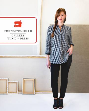 Relaxed-fit pull-on tunic or dress. The tunic features cuffed three-quarter-length sleeves and a one-piece collar. The dress includes in-seam pockets, button-cuff full-length sleeves, and a band collar. Both versions include an inset front placket with a fun pleated detail, an inverted box pleat at back, and a curved shirttail hem that’s slightly longer in back. Size 0-20