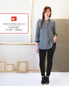 Relaxed-fit pull-on tunic or dress. The tunic features cuffed three-quarter-length sleeves and a one-piece collar. The dress includes in-seam pockets, button-cuff full-length sleeves, and a band collar. Both versions include an inset front placket with a fun pleated detail, an inverted box pleat at back, and a curved shirttail hem that’s slightly longer in back. Size 0-20