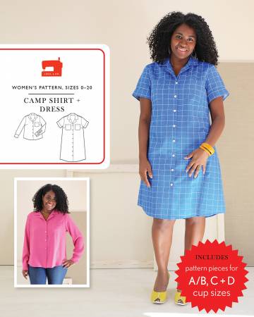 Classic convertible-collar blouse and dress. Details include a yoke and optional chest pockets. The blouse (View A) includes a curved hem and long sleeves with a button cuff and tower placket. The dress (View B) features a curved hem and cuffed short sleeves. This pattern includes separate pieces for A/B, C, and D cup sizes to get you the perfect fit.
