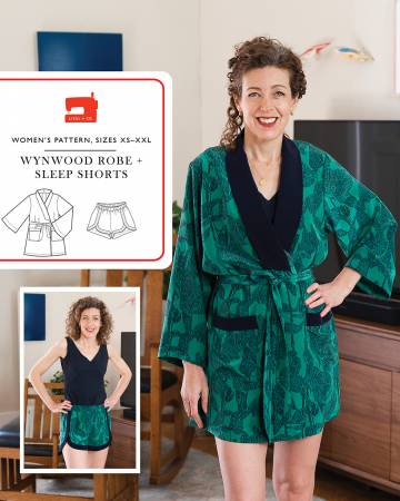 This pattern includes a simple shawl-collar robe that can be lengthened or shortened as you see fit. Choose a fashion fabric, and the robe can be sewn as a duster to wear during the day. The sleep shorts have an elasticized waist and curved shaping with an outer facing that can provide contrast if desired.