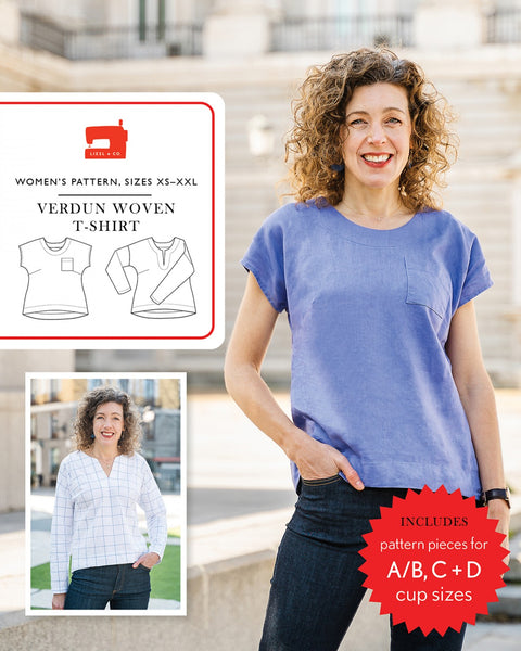 The Verdun makes a relaxed-fit woven T-shirt with dropped shoulders, a flattering shape, a faced hem that is longer in front than in the back, and a scooped neck with facing. View A includes cut-on short sleeves and a front pocket while View B has a V-notched neckline and long sleeves.