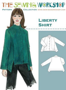 Shirt or jacket has diagonal side seams angled to the front, soft stand-up collar, and set-in sleeves with vent openings. Asymmetric front and back deep hems with mitered corners. Front topstitching detail and five-button closure. Fabric Suggestions: Cotton shirting, Linen, Light-weight Wool, Crepe de Chine, Jersey. Notion Jacket: Five ?? Buttons, 1 yard Fusible Interfacing, Thread.