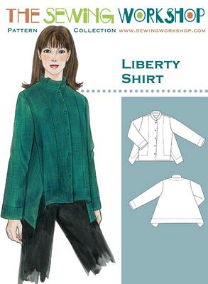 Shirt or jacket has diagonal side seams angled to the front, soft stand-up collar, and set-in sleeves with vent openings. Asymmetric front and back deep hems with mitered corners. Front topstitching detail and five-button closure. Fabric Suggestions: Cotton shirting, Linen, Light-weight Wool, Crepe de Chine, Jersey. Notion Jacket: Five ?? Buttons, 1 yard Fusible Interfacing, Thread.