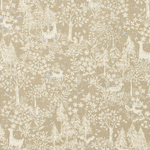 This fabric is from Kokka. This fabric is a gorgeous chinoiserie style print in tan and ivory with hints of silver. Trees, flowers and bushes with deer, rabbits, foxes and squirrels. This would be a stunning holiday dress! 