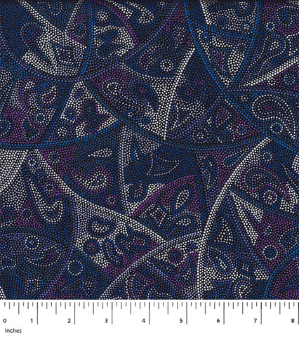 Thinking about our ancestors, this painting has been prepared in acknowledgement of those who have lost family ties and cultural connections. The tri-coloured curving bands represent the paths travelled by people to reconnect with lost or stolen family history, while the shapes and infill colours utilised remind us of our ancestors’ country, and our own lost connections to family and culture. 