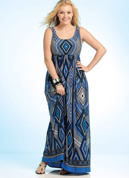 Misses and Women's dresses in four lengths - sleeveless or puff sleeves.   Cinched empire waist   suggested fabrics: stretch knits only, such as, jersey, cotton knits and poly blends.   Can also use border fabrics!!