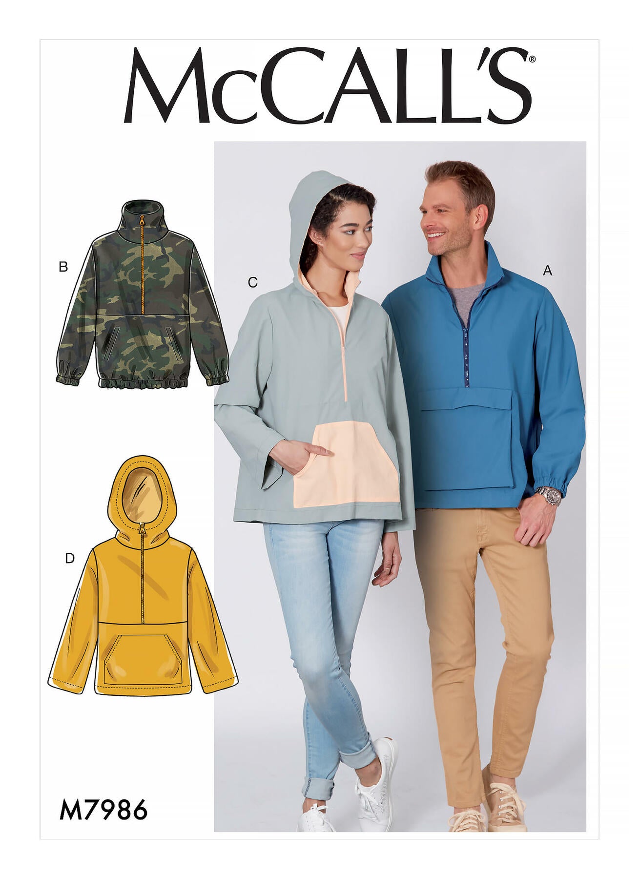 A B, C, D Loose fitting jackets with self lined collar or contrast lined hood have exposed zipper, pocket and sleeve variations, stitched hem or elastic casing. A: Cargo pocket and elastic sleeve casing. B: Welt pockets and elastic sleeve casing. C: Contrast hood lining and pocket. D: Self lined hood.