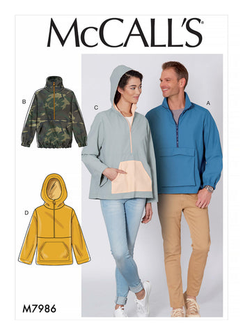 A B, C, D Loose fitting jackets with self lined collar or contrast lined hood have exposed zipper, pocket and sleeve variations, stitched hem or elastic casing. A: Cargo pocket and elastic sleeve casing. B: Welt pockets and elastic sleeve casing. C: Contrast hood lining and pocket. D: Self lined hood.