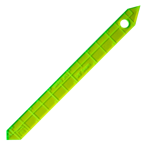 Easily choose between a 1/4" and 3/8" seam allowance using this handy 6" ruler! Simply line up the center line against your Paper Piece, and cut on the outside of the ruler. The pointed ends allow you to bevel your corners, reducing bulk.
