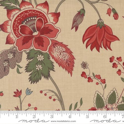 This beautiful French inspired fabric features red and green traditional flowers on a tan/beige background. 100% cotton 43"/44" wide. Designed by French General for Moda fabrics and made in Japan.
