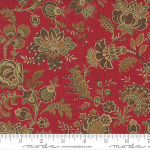 This beautiful French inspired fabric features tan, brown and green leaves over a red background. Very traditional - would make beautiful pillows, drapes or even quilts! 100% cotton 43"/44" wide. Designed by French General for Moda fabrics and made in Japan.