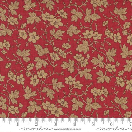 This beautiful French inspired fabric features tan leaves and flowers on branches over a red background. The flowers are reminiscent of cherry blossoms. 100% cotton 43"/44" wide. Designed by French General for Moda fabrics and made in Japan.