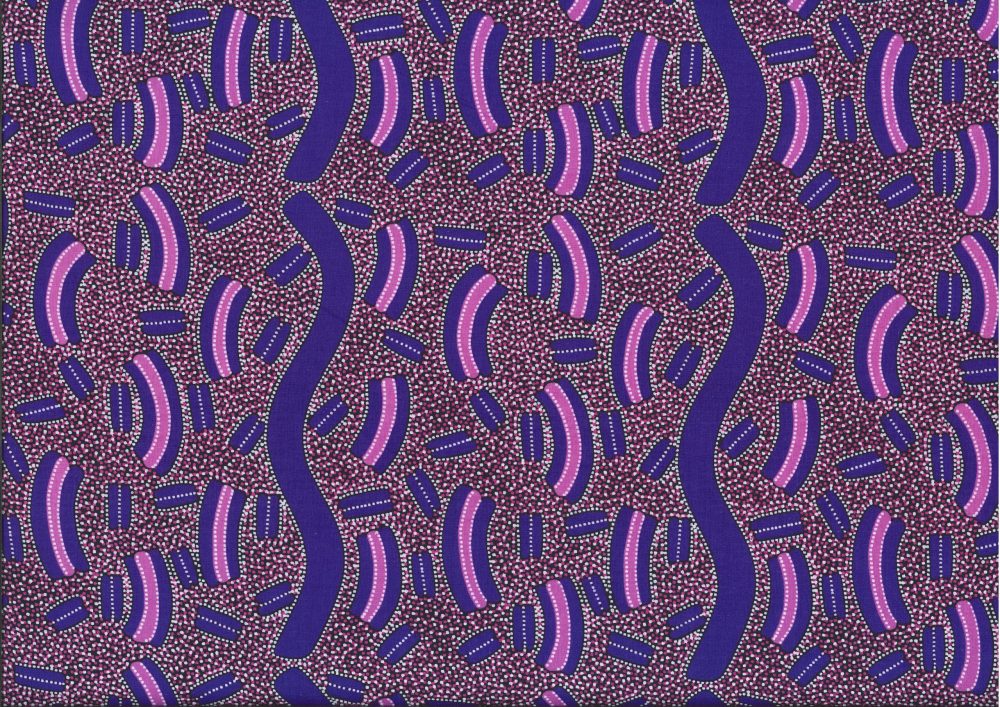 Aboriginal design by Lindsay Bird. This aboriginal print has a mosaic quality to it with all the small shapes in bold colors. Purples, reds, magenta and black. Bright and beautiful!  