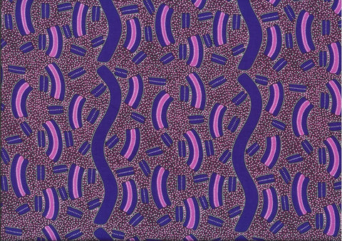 Aboriginal design by Lindsay Bird. This aboriginal print has a mosaic quality to it with all the small shapes in bold colors. Purples, reds, magenta and black. Bright and beautiful!  