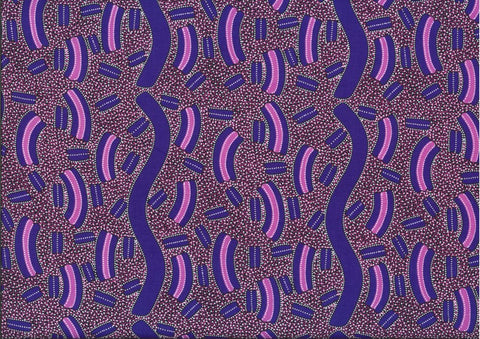 Aboriginal design by Lindsay Bird. This aboriginal print has a mosaic quality to it with all the small shapes in bold colors. Purples, reds, magenta and black. Bright and beautiful!  