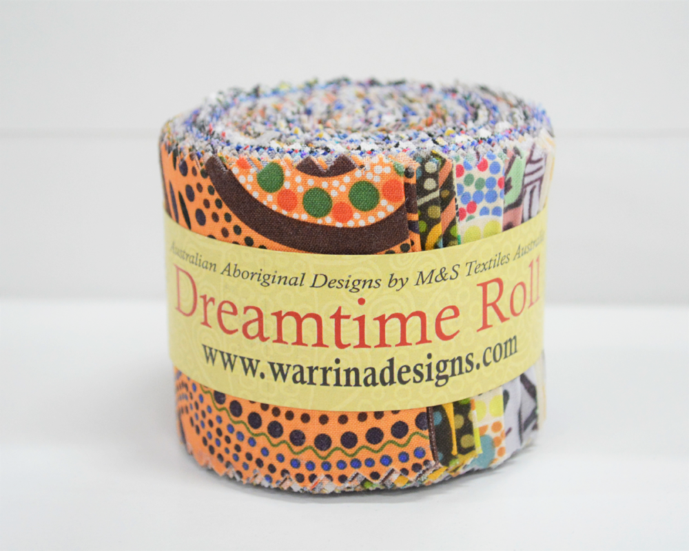 Original, Aboriginal design fabrics from Australia.  100% Cotton  Dreamtime roll - 20 strips, 2 1/2" x 44"  Dream Pack - 40 x 5 inch squares  Fabric Pack (4 x Fat Quarters)