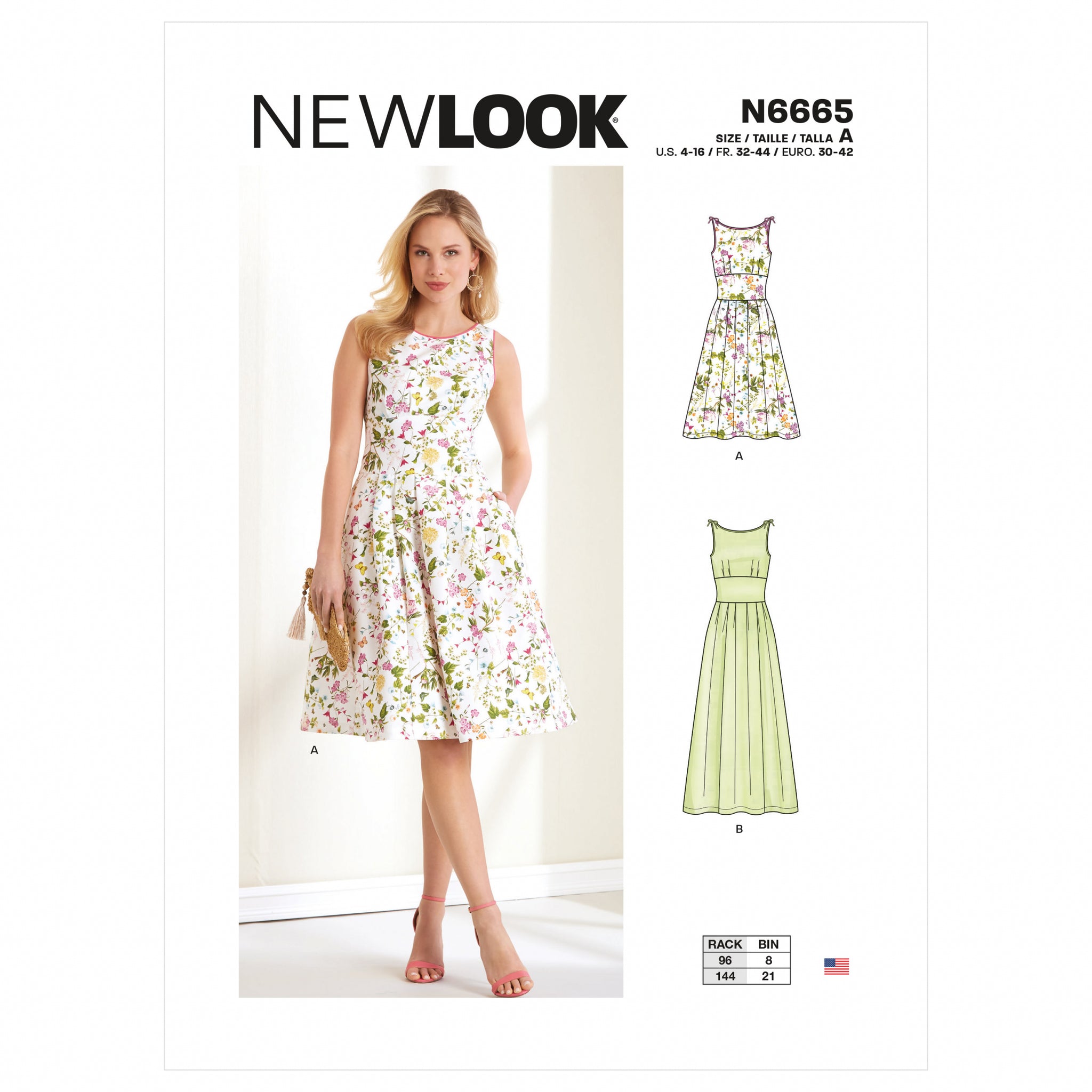 This pattern is for a women's dress with a pleated skirt. 2 lengths  suggested fabrics: chintz, cotton types, crepe de chine, gingham, linen types, poplin, sateen. 