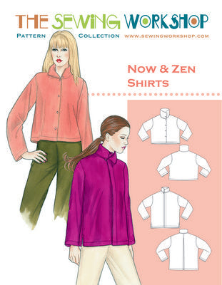 Now Shirt: Below-waist Shirt has high, one-piece rolled collar open at ends, stitched hems, long sleeves. Zen Shirt: Mid-hip shirt has two-layer collar detail. Concealed front placket buttons left over right with loop at collar, stitched hems, long sleeves. Suggested Fabrics Lt. wt. Fabrics, Crisp Linen, Cotton, Silk. Notions: Five 1/2" Buttons (Now), Six 1/2" Buttons (Zen), Thread. Sizes: XS, S, M, L, XL, XXL.