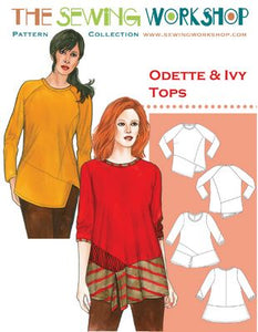Odette: Pieced top has right front dart and left princess seam, side front and back panels, tapered peplum. Long sleeves have shoulder darts. Neck binding and stitched hems. Ivy: Swing tunic has front and sleeve insertions, diagonal skirt panels. Neck and sleeve bindings, three-quarter length sleeves, stitched hems. Suggested Fabrics: Lightweight to medium-weight knits. 2 or 4-way stretch. Notions: Thread. Sizes: XS, S, M, L, XL, XXL.
