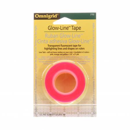Low Tack will not leave residue on your ruler. Available in 3 colors, pink, orange, and yellow, each roll contains 1/4in x 7yds. Total package contains 21yds of tape. Glow Line makes it easy to find measurements and shapes. Especially when rotary cutting repetitive pieces. You can use Glow-Line either underneath or on top of Invisi-Grip.