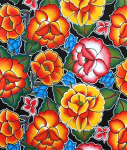 Bold and bright, this black tehuana oilcloth is ideal for tablecloths and toppers, window treatments, kitchen accessories, closet drawer and shelf liners, totes, wall coverings, and place mats. Perfect for your next project, this fabric has been tested and passes the National Fire Protection Agency 701 classification for commercial and residential use and will leave you asking, when did you transport to a Mexican getaway?