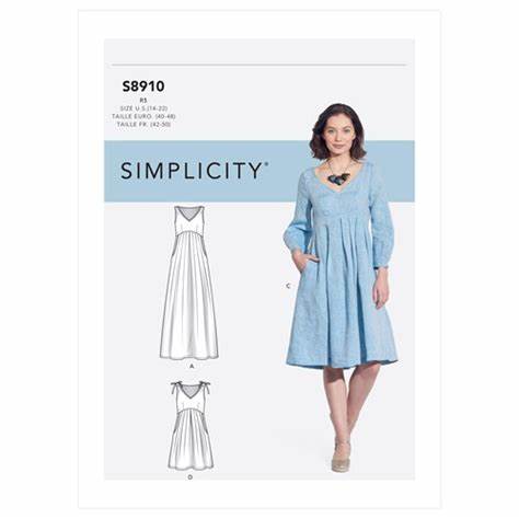Size 14-22  Dress with sleeves in 2 lengths and skirt in 2 lengths.   Fabrics -Challis, chambray, cotton lawn, linen types, lightweight poplin, silky types