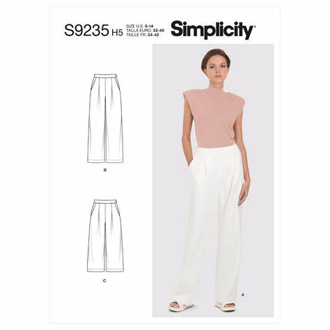 Size 6-14  Pants with pleats and pockets - in 3 lengths  Fabrics - crepes, linen and linen blends, rayons, sateen, silky types, wool and wool blends